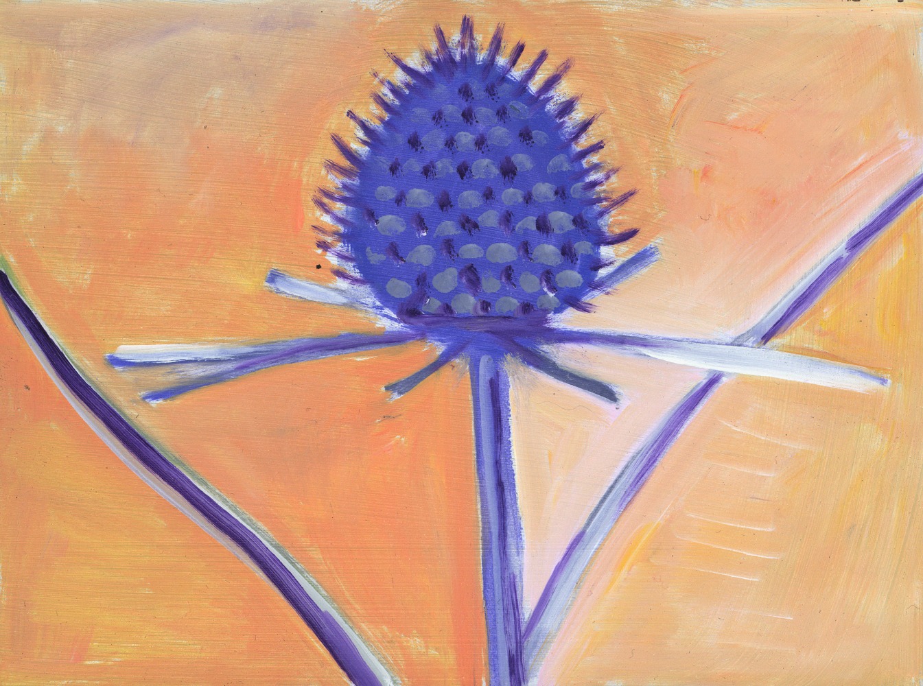 Painting of a plant with a blue, spiky bulb on an orange ground