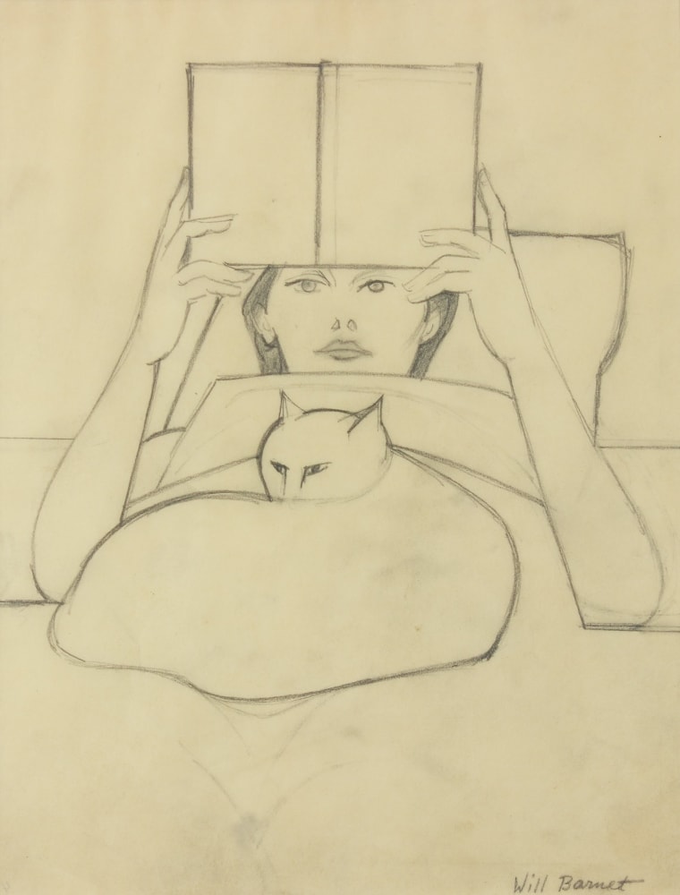Graphite drawing of a figure lying in bed reading a book, with a cat curled on her stomach