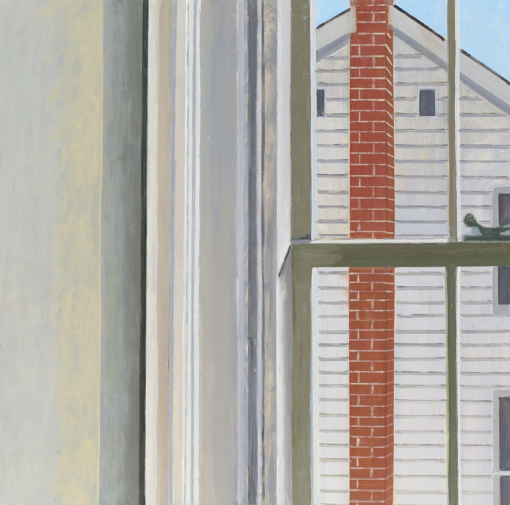 Painting of a wall and window looking at the back of a white clapboard house