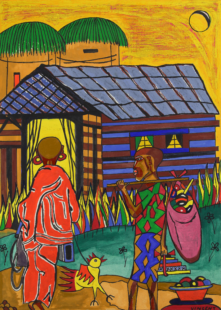 Drawing of two figures standing outside of a log cabin with a chicken in the yard
