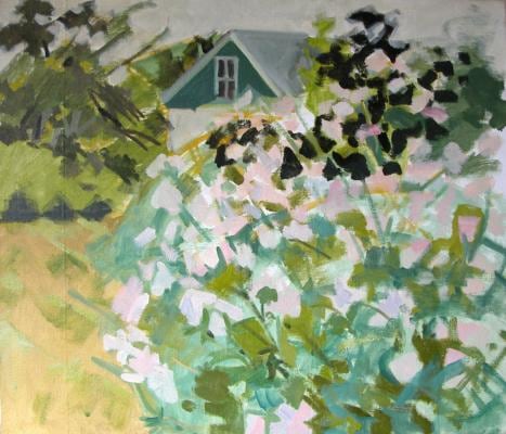 Peak (View) of Garage Seen Over Wild Geraniums, 1968, oil on linen, 26 x 30 inches