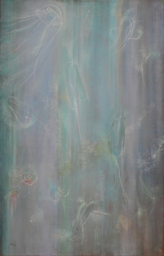 Painting of images of fish and aquatic life scratched into an atmospheric green and lavender surface