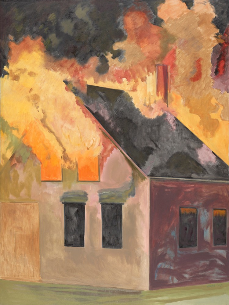 Burning House, Night, Vertical, 2007, oil on linen, 64 x 48 inches