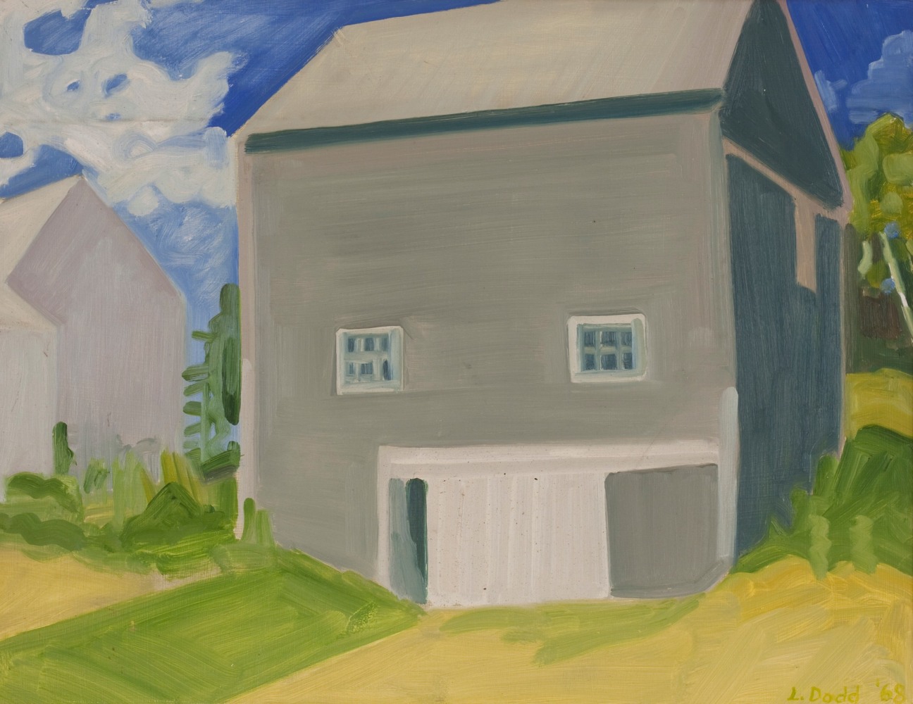 Painting of two buildings surrounded by green grass, with a blue sky overhead