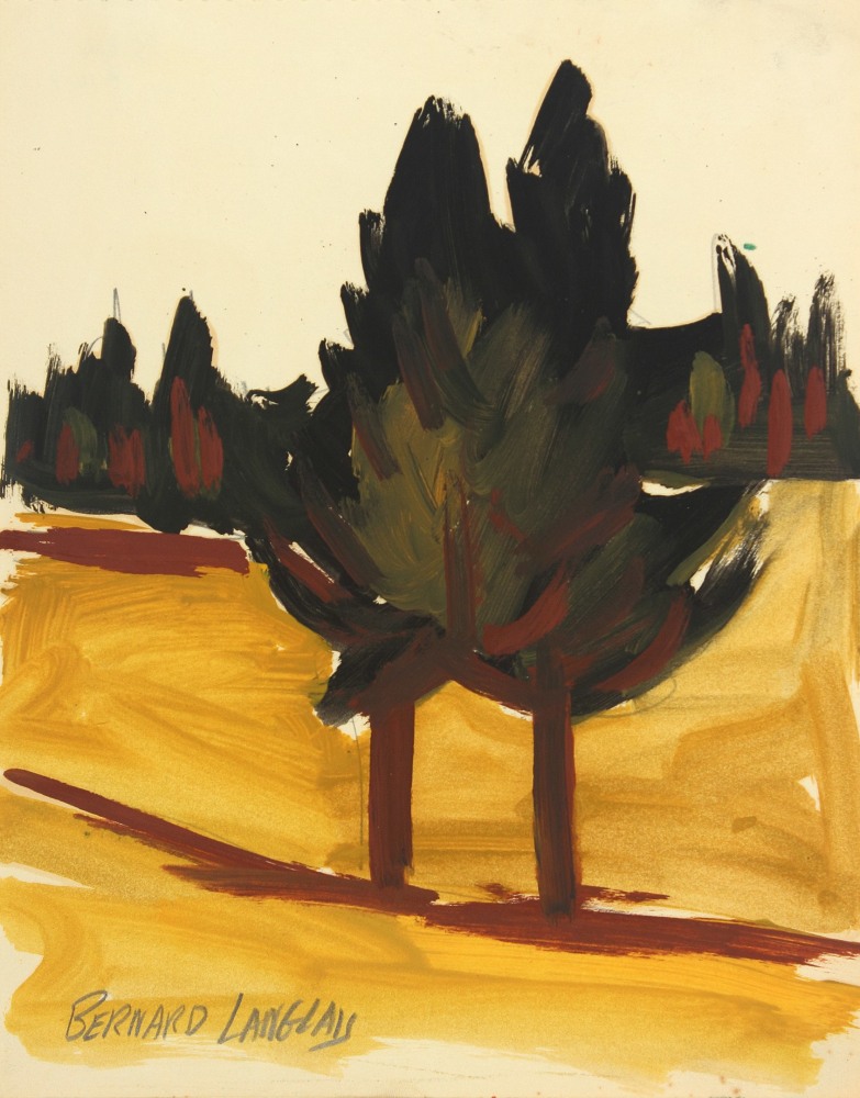 Painting on paper of two trees in a yellow field with a line of trees in the background