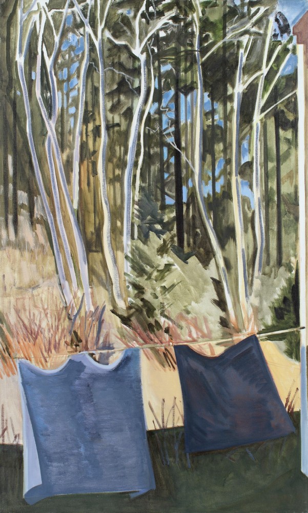 Painting of two pieces of cloth on a clothesline in front of a forest
