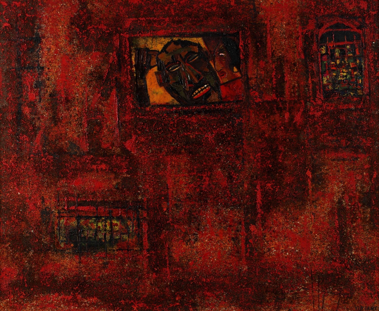 Painting of an abstracted figure inside a window, set into a deep red, textured wall