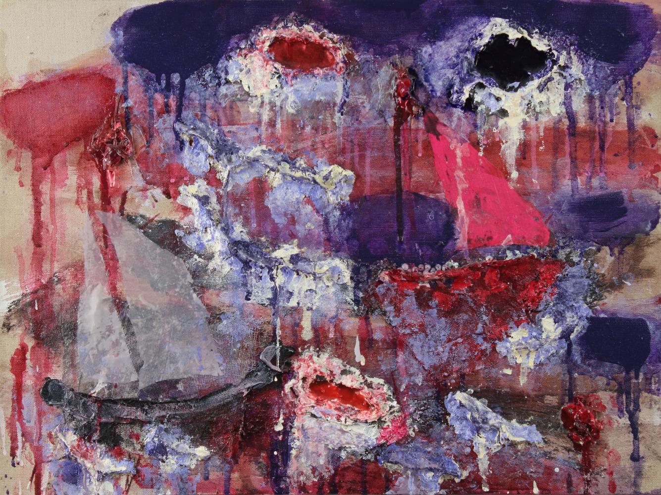 Abstract painting with marks in violet, red, pink, fuchsia, and white arranged on a roughly textured surface