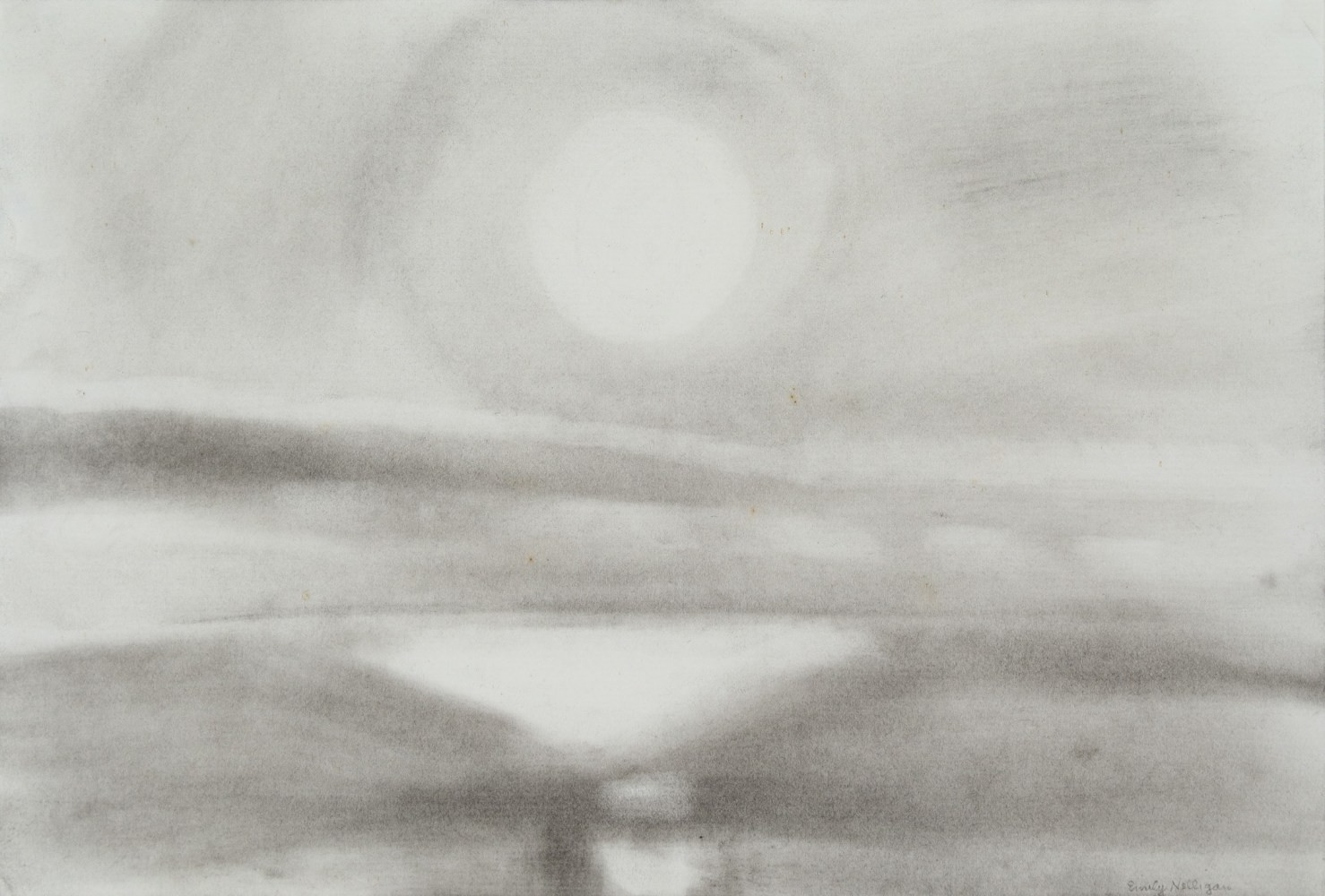 Atmospheric charcoal landscape drawing of a bright sun over the sea