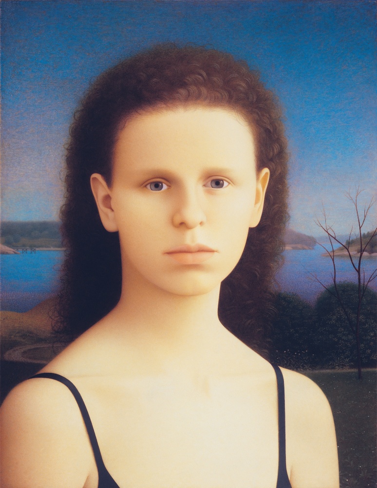 Portrait of a woman from the chest up with a seascape in the background