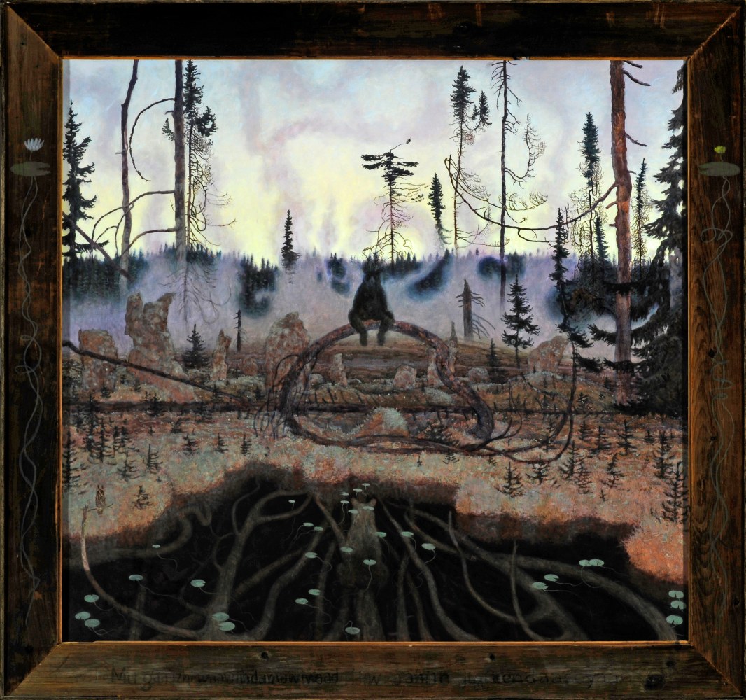 Surreal painting of a bear sitting on a fallen tree in a marsh, surrounded by curling wisps of fog, with a line of trees in the background