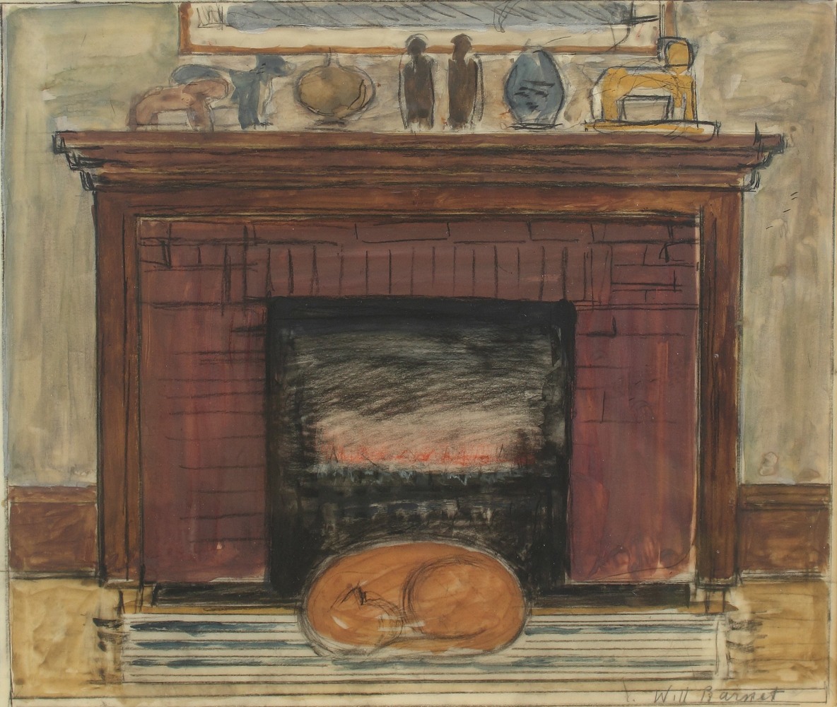 Watercolor painting of an interior scene with a cat curled up in front of a fireplace