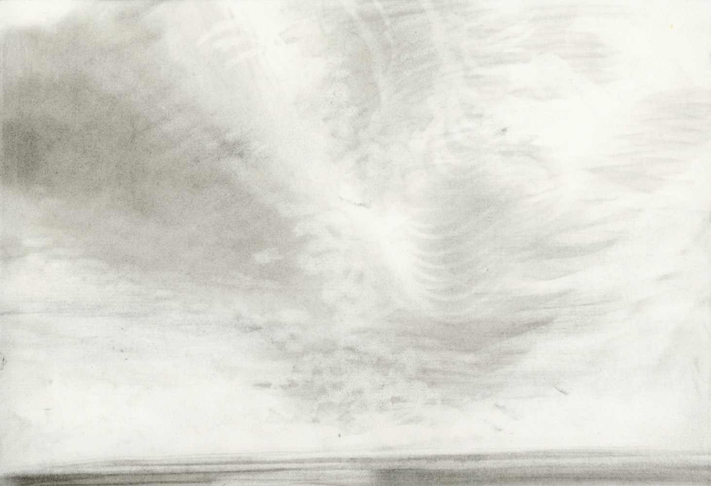 Charcoal landscape drawing of sky filled with light, irregular clouds over a calm sea