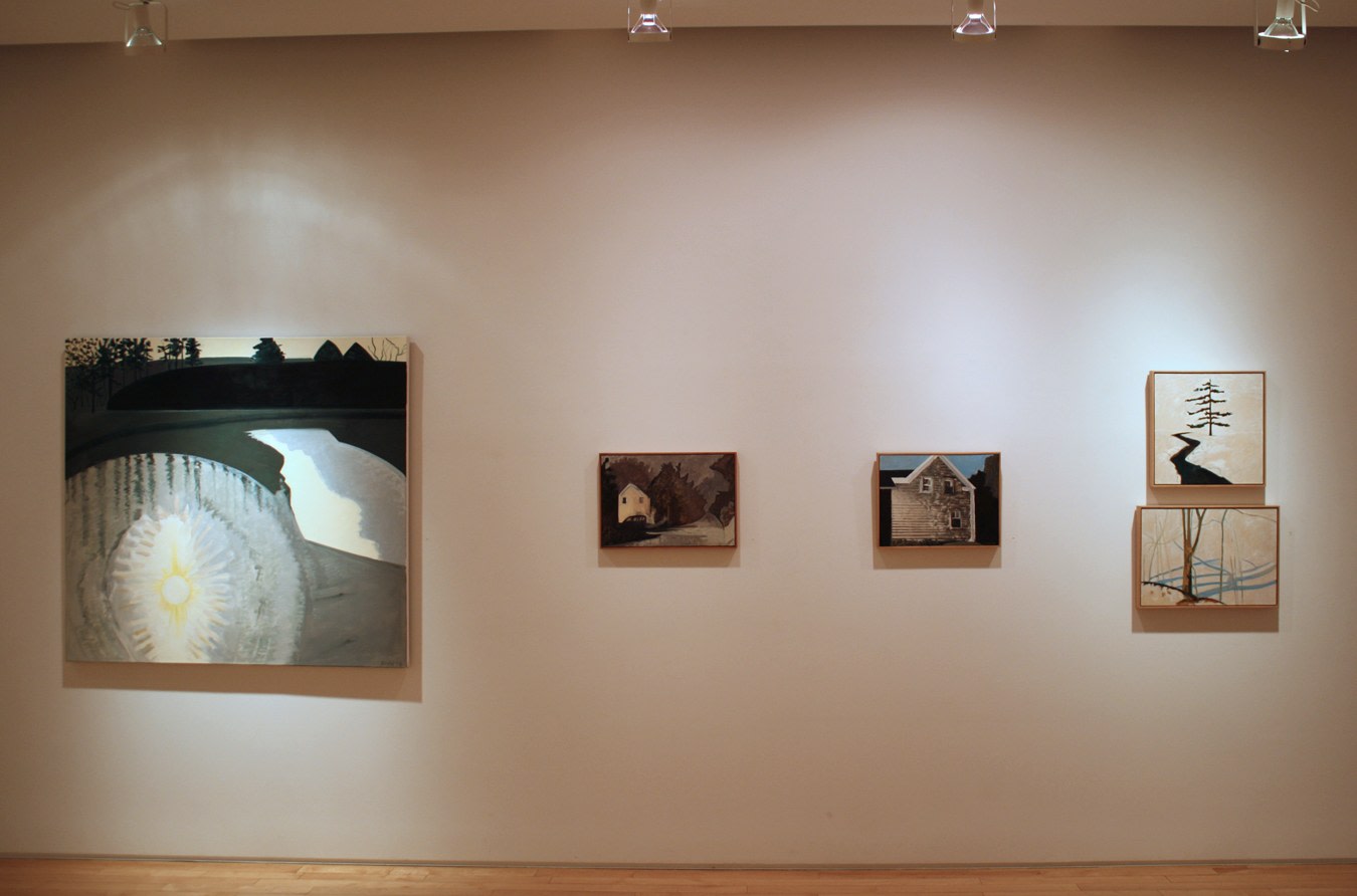 Photograph showing a view of an exhibition, with four small framed paintings and one larger painting hanging on a white wall