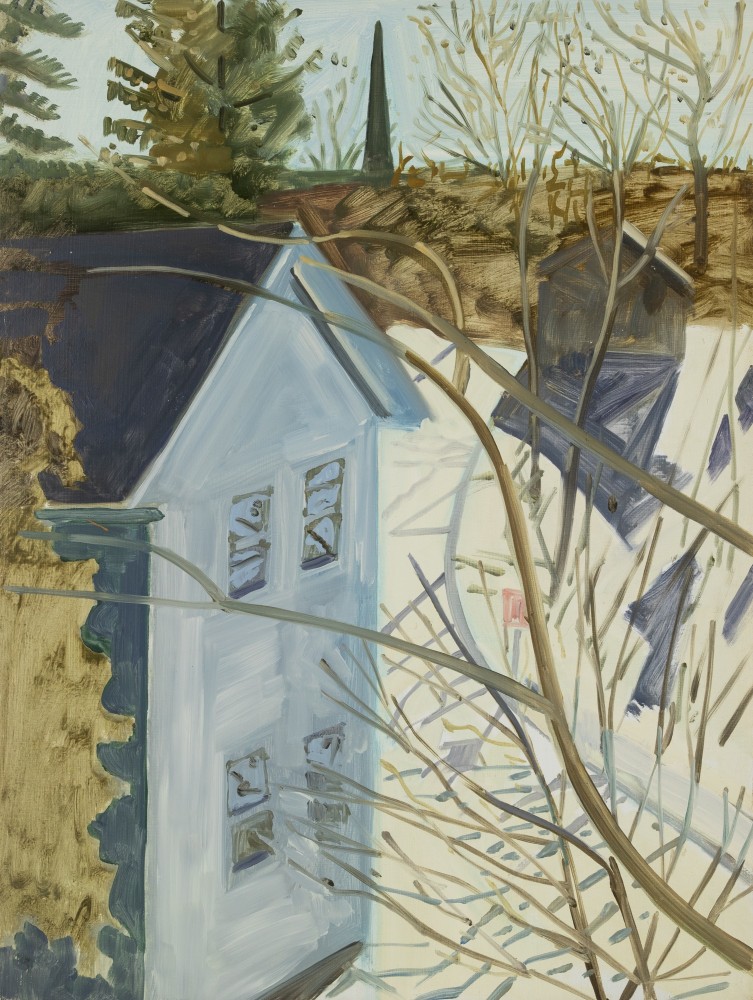 Neighbor&amp;#39;s House + Church Steeple, 2004, oil on Masonite, 16 x 12 inches