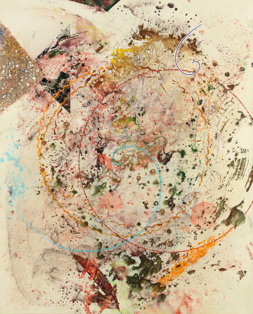 Abstract painting with geometric shapes and lines arranged on an off-white surface, with washes of brown, red, green and yellow