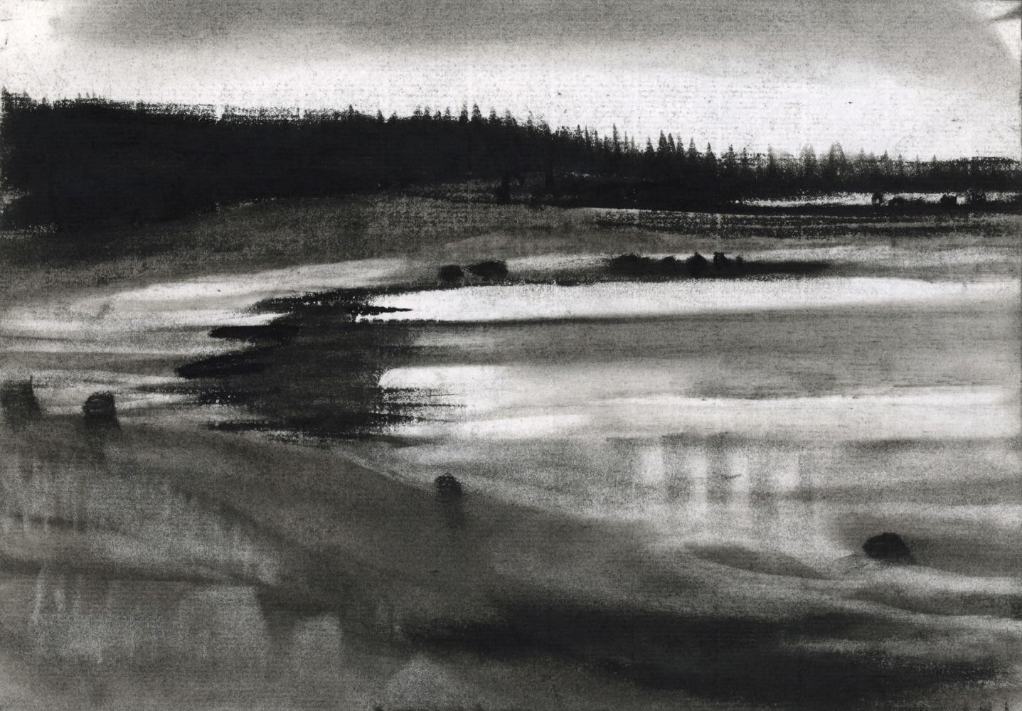 Charcoal landscape drawing of the sky and ocean at dawn or dusk