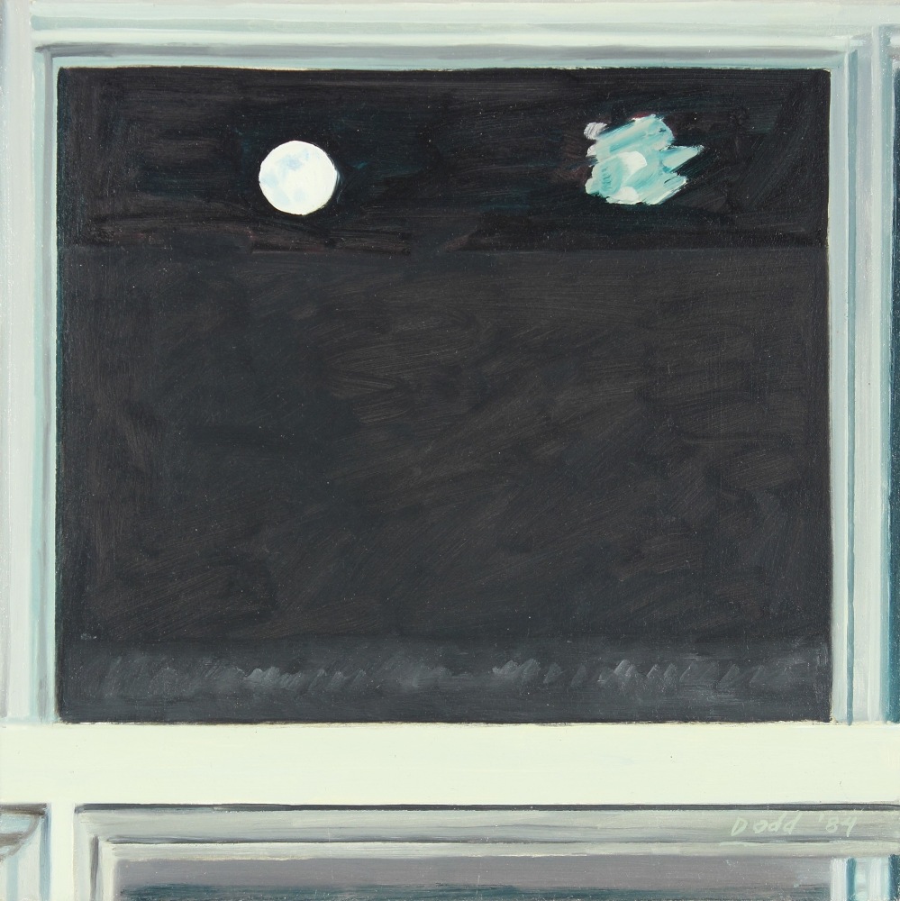 Painting of a window looking out at the night sky with a full moon on the upper left, and a smudge of paint on the glass on the upper right
