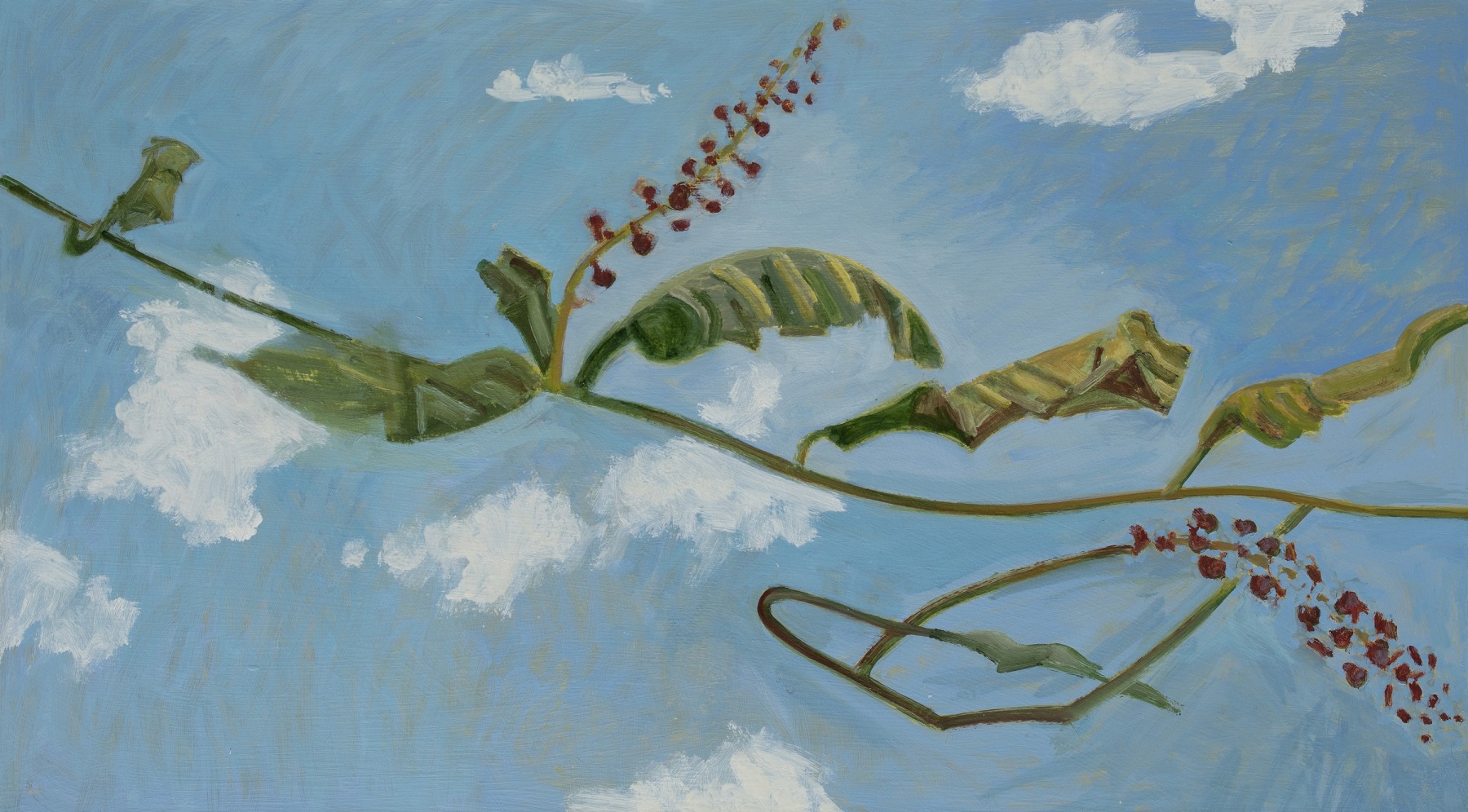 Mayberry and Sky, 2022, oil on Masonite, 11 11/16 x 20 11/16 inches