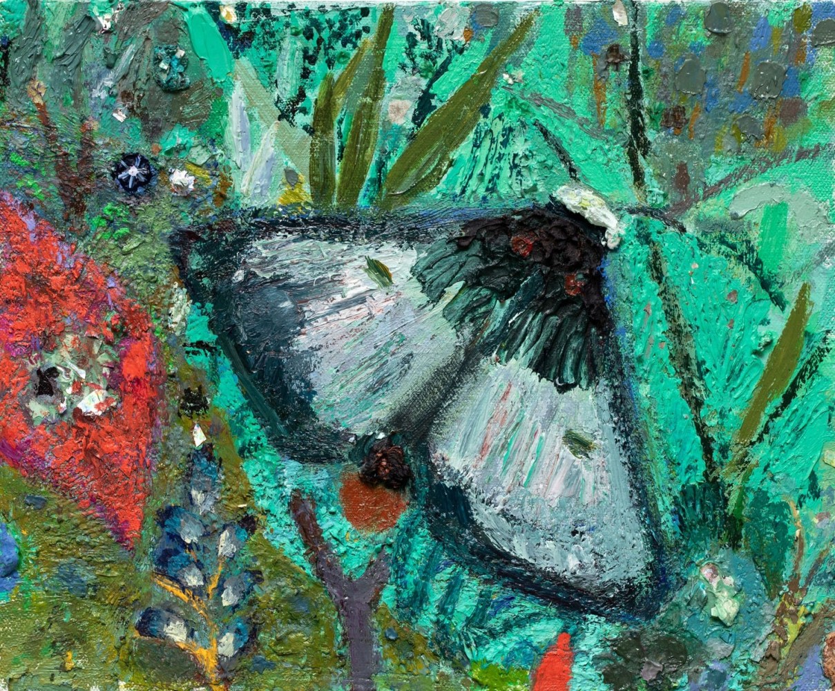 Missing Moth, 2025, acrylic and holographic CD foil on canvas, 9 x 11 inches