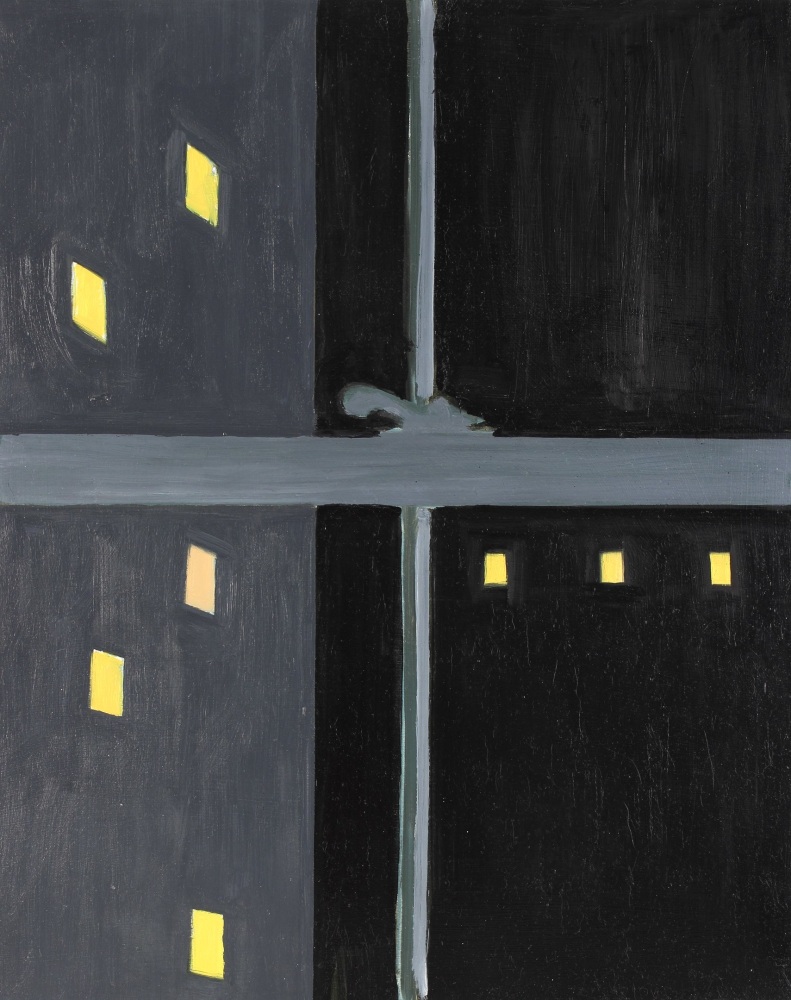 Painting of a view from an interior window at night, looking out at two dark buildings with light emanating from eight windows