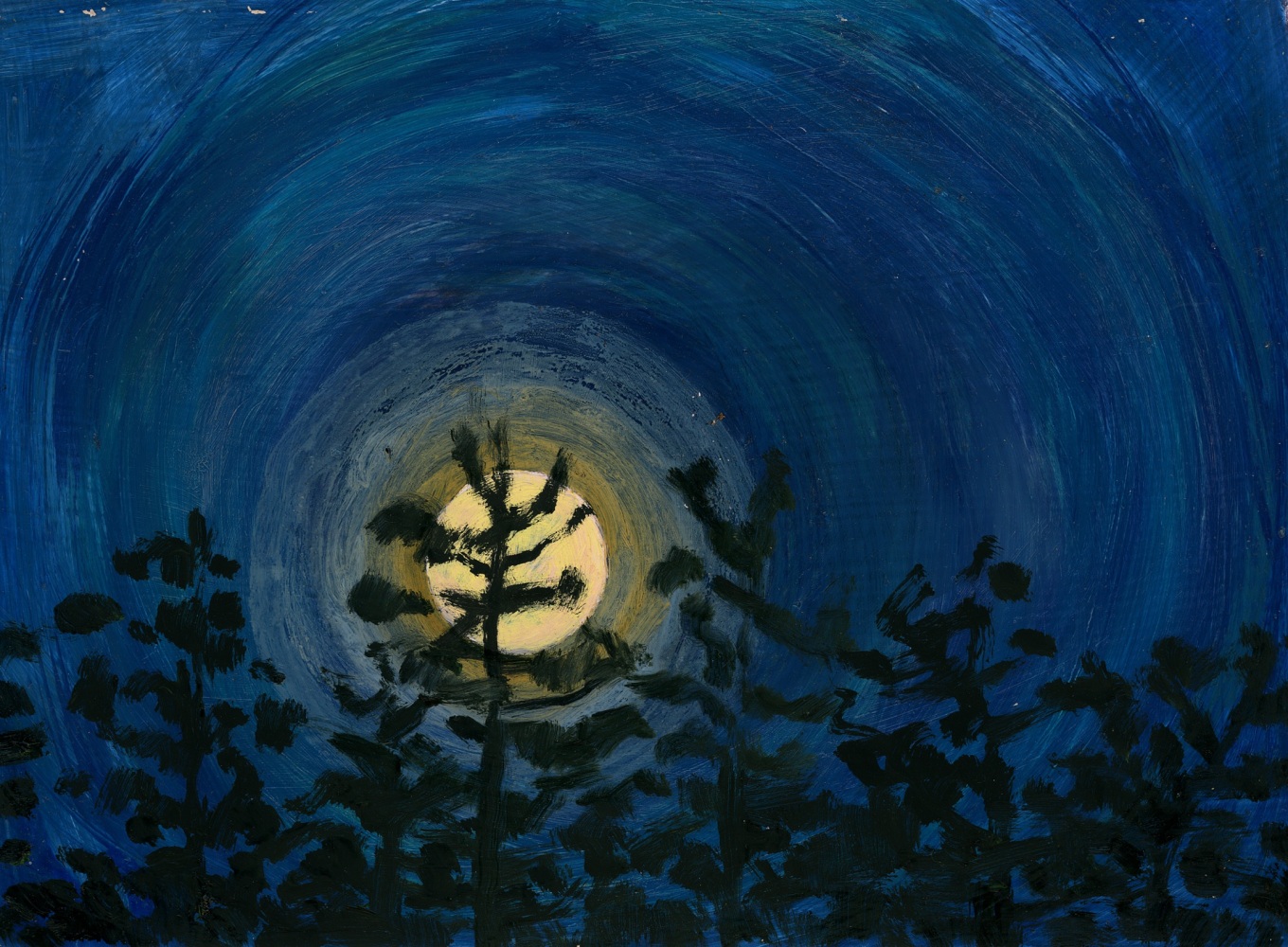 Painting of a full moon with an orange halo behind a line of silhouetted trees in a dark blue sky