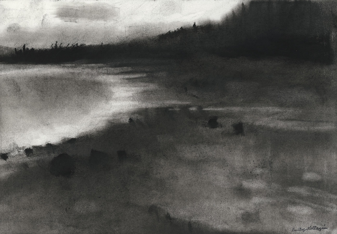 Charcoal landscape drawing of a tree-lined shore and sea, with a dim, hazy sky reflecting on the water