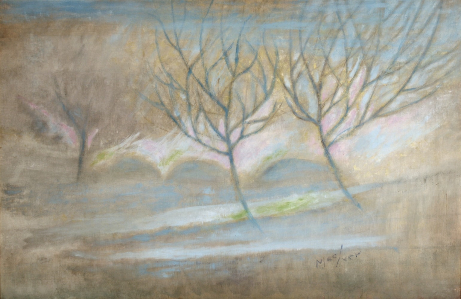Painting of three bare trees in an atmospheric landscape