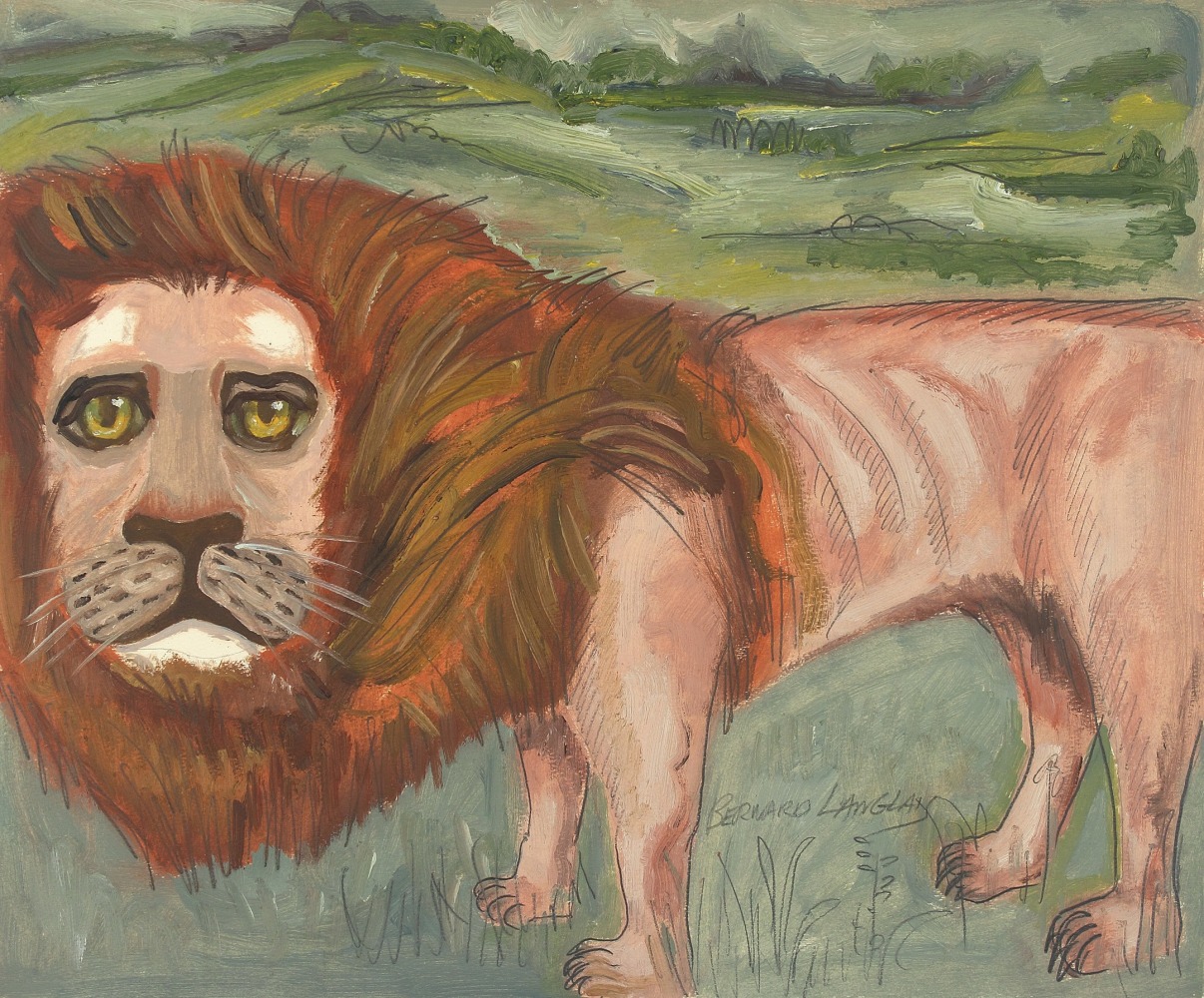 Painting on paper of a lion standing in a field with green hills in the background