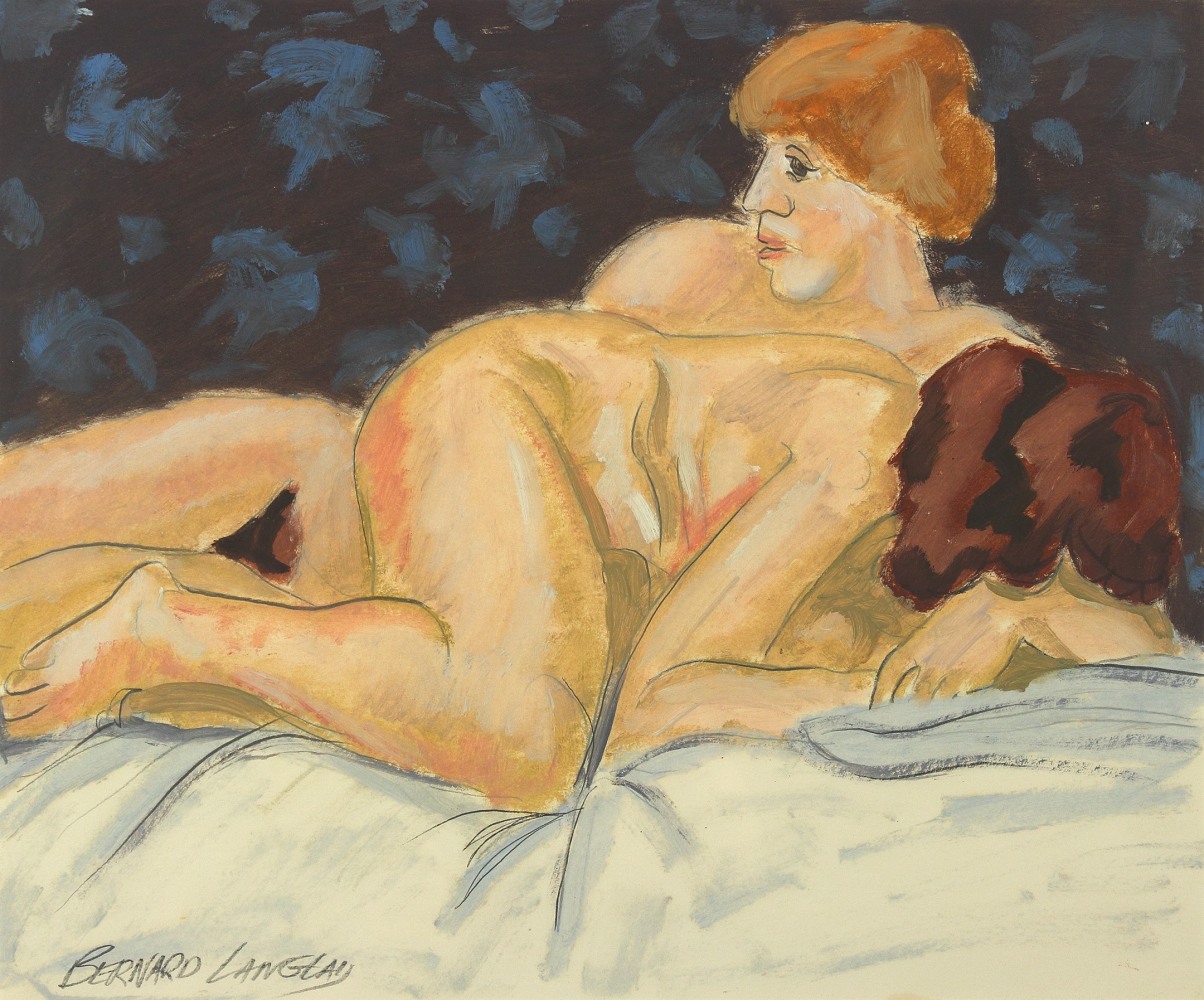 Painting of two nude figures lying on white sheets, with a deep blue background