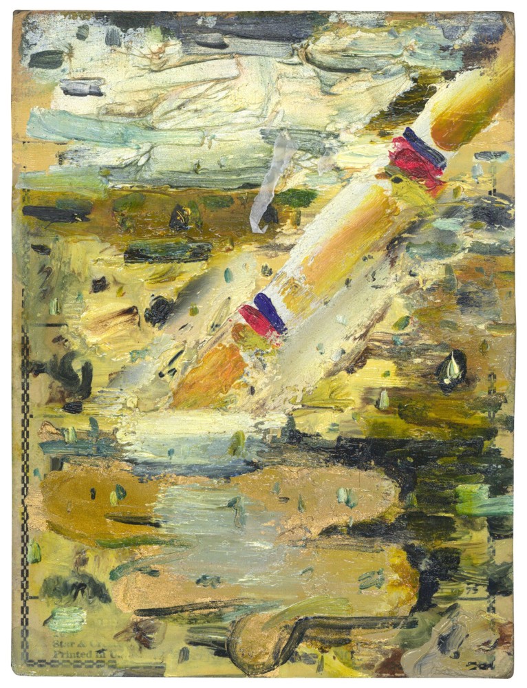 Abstract painting on paper consisting of marks in yellow, red, blue, black, green, white and brown paint on a brown surface