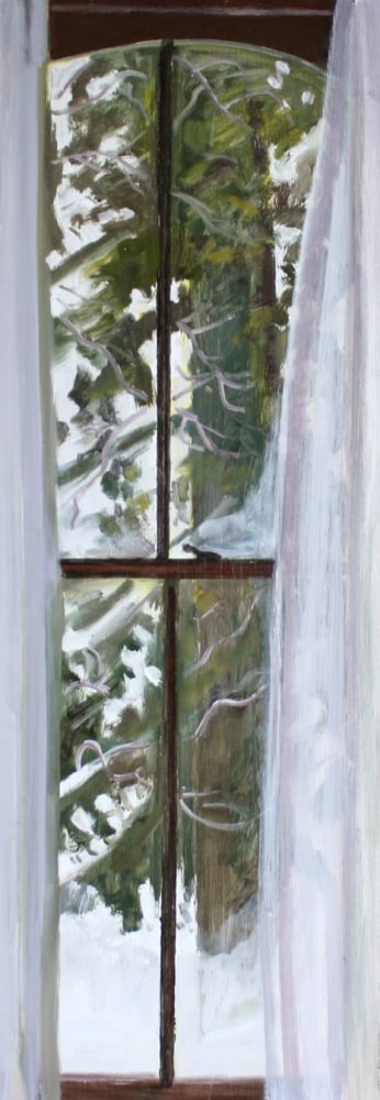 Painting of an interior window with white curtains on either side, looking out at a green tree surrounded by snow