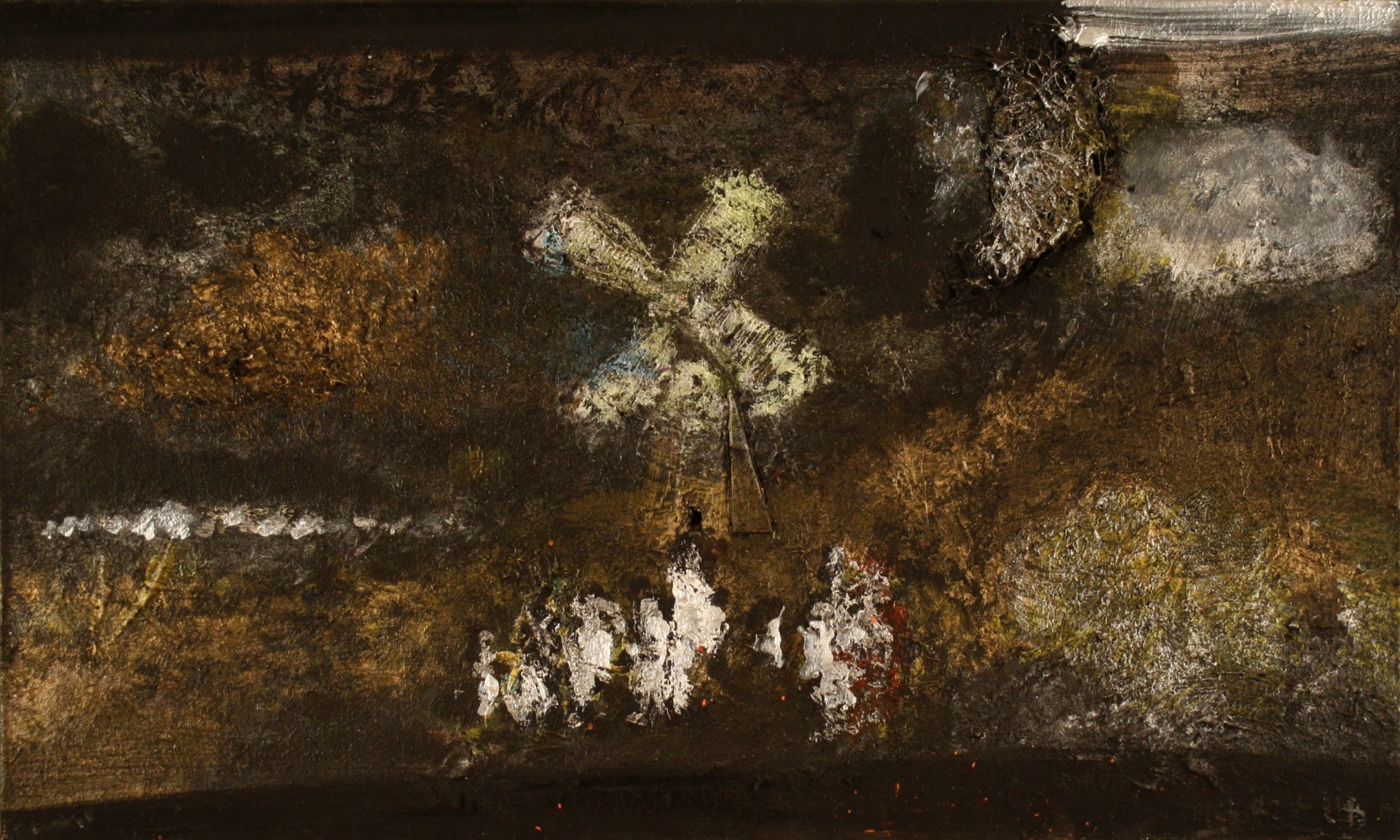 Merlin James,&amp;nbsp;Figures and Windmill, 1999-2000, acrylic on canvas, 17 x 28 inches