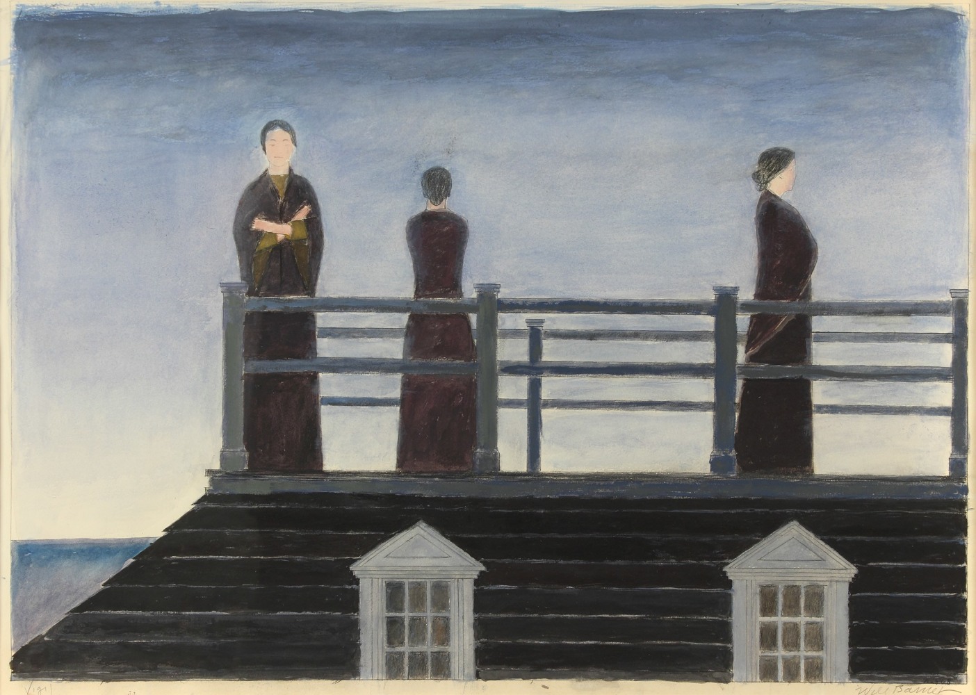 Watercolor painting of three women standing on a widow's walk with the sea in the background