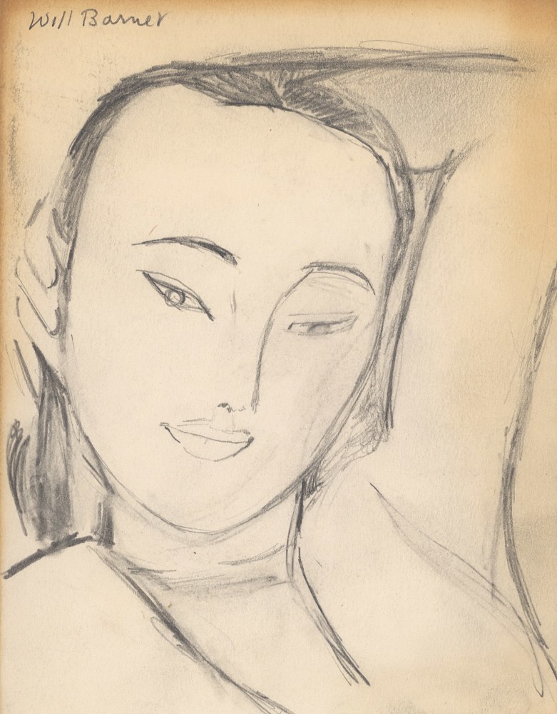 Graphite drawing of a woman with her head resting against her raised arm