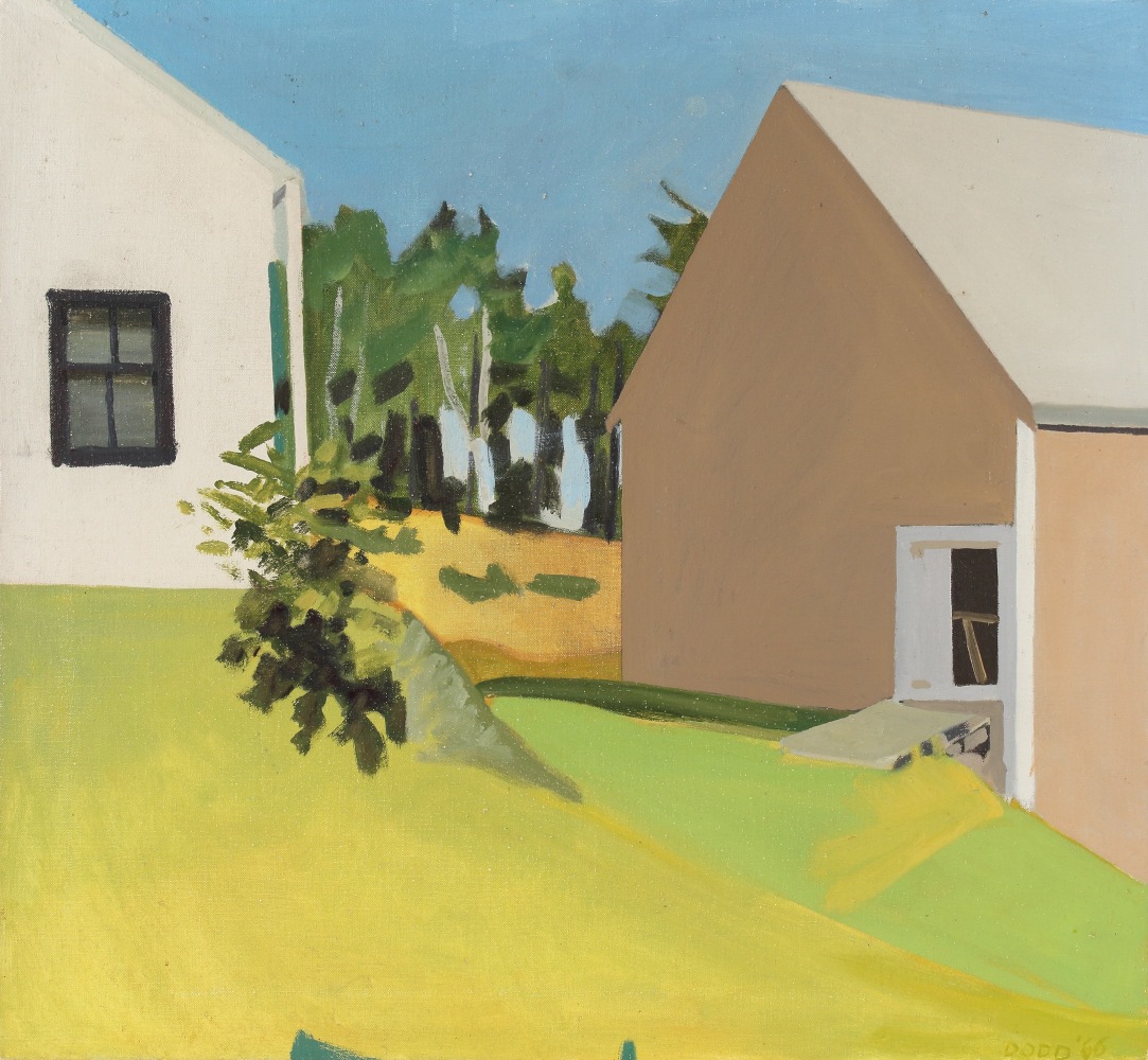 Painting of two buildings with trees behind them