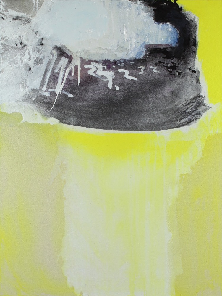 Abstract painting with yellow, black and white forms