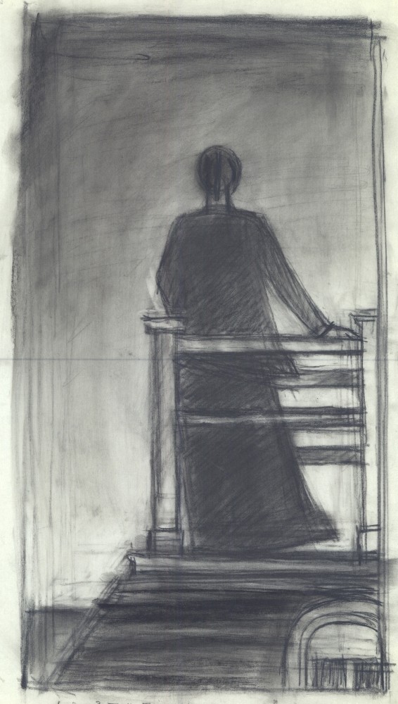 Charcoal drawing of a woman standing on a widow's walk with her back to the viewer