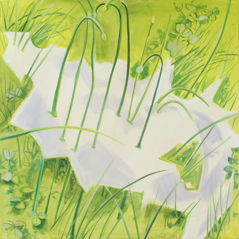 Painting of an abstracted white shape in the grass, with plants growing out of it