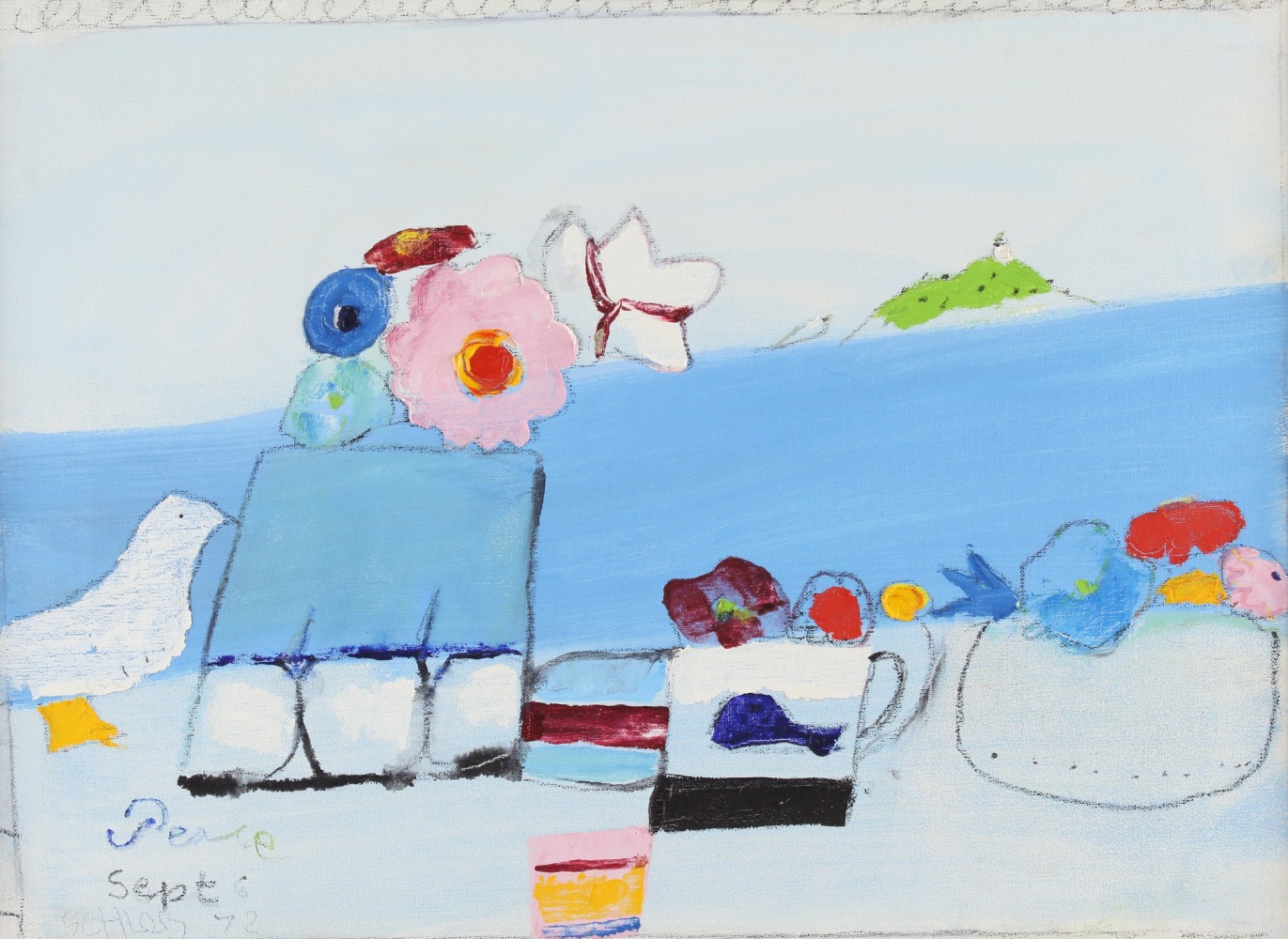 Painting of a bird standing on the beach amidst abstracted vases of flowers and vessels, with the sea and a small green island in the distance