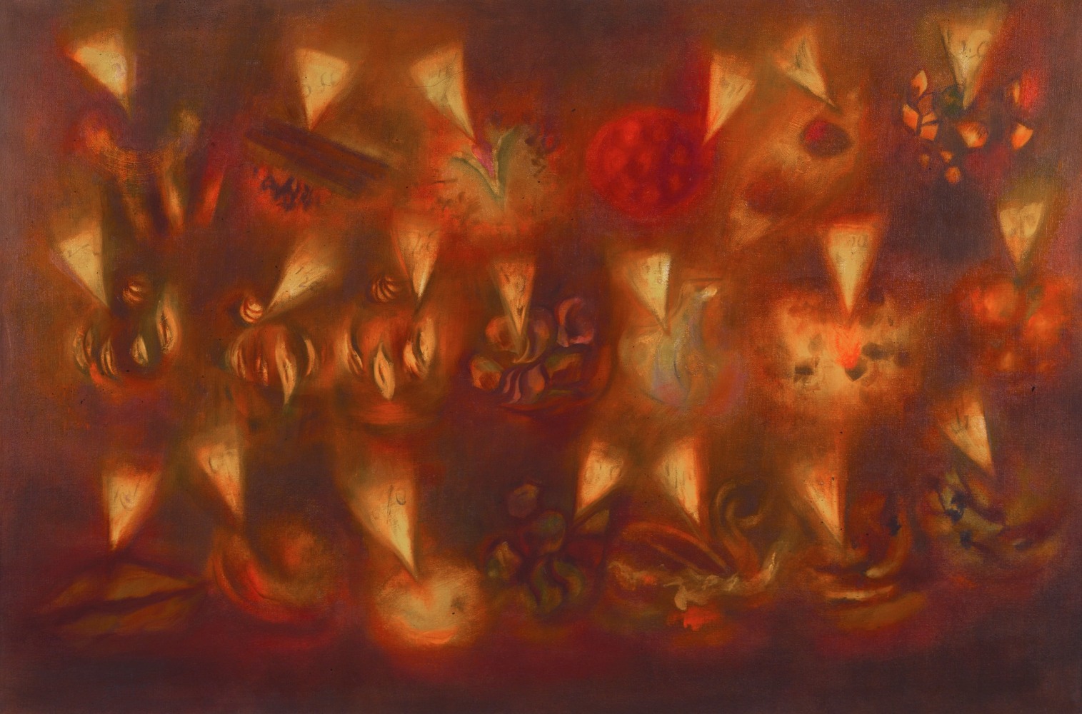 Painting of a collection of luminous red and yellow pastries set against an atmospheric red and brown background