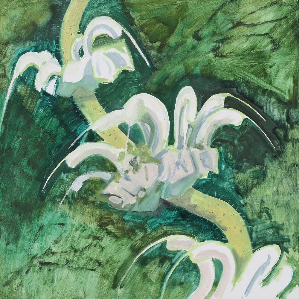 Painting of three white flowers against a green, grass-like background