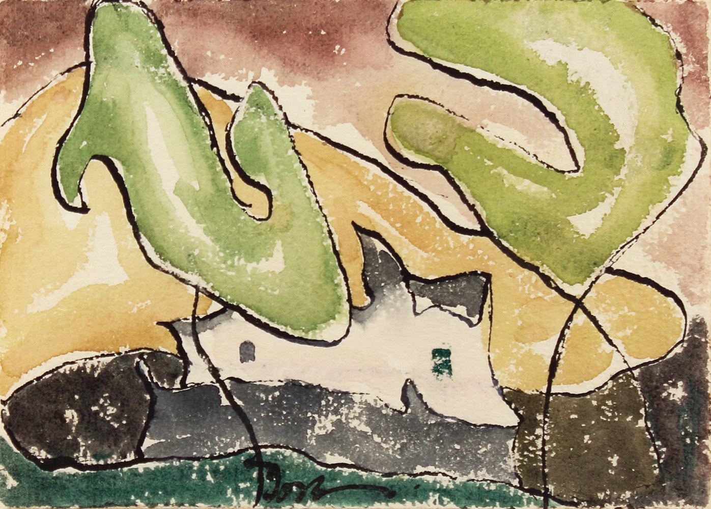 Painting with abstract, organic forms in green, grey, yellow, mauve, and brown