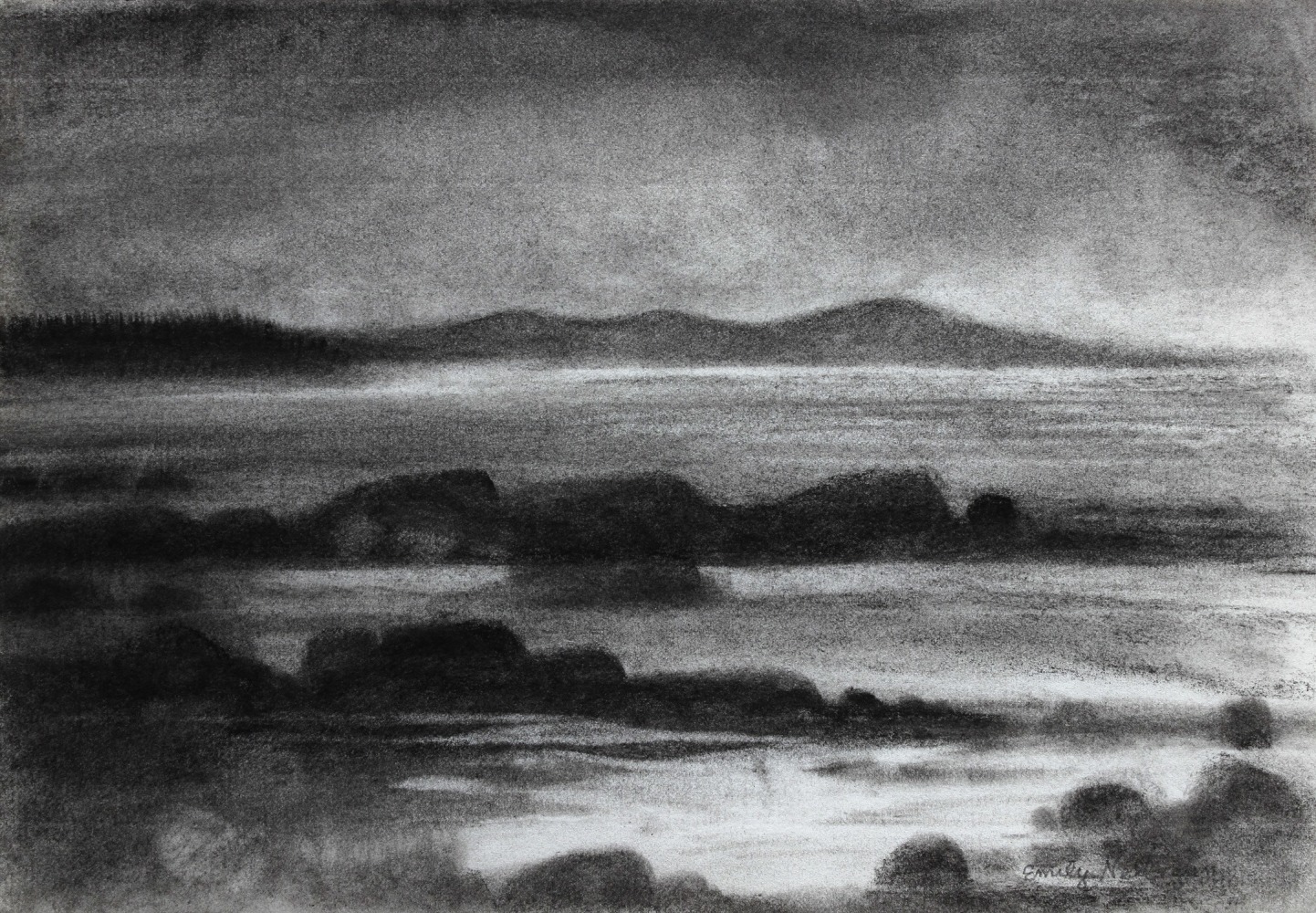 Charcoal landscape drawing of landmasses emerging from the sea