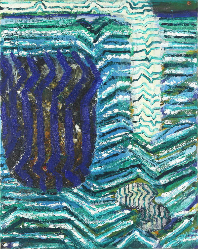 Abstract painting consisting of blue, black, brown, green and white bands of paint arranged on the canvas