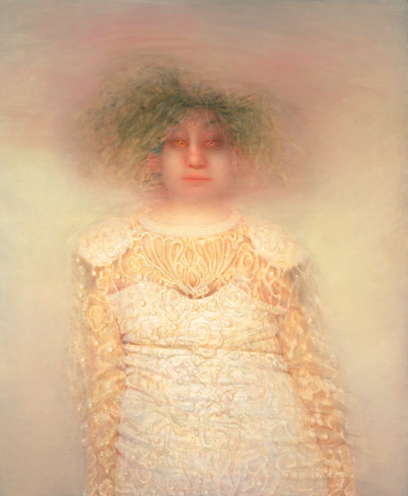 Painting of a figure with curly blonde hair in a white beaded dress