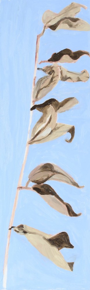 Lois Dodd, Branch of Dried Leaves, 2022, oil on panel, 15 3/4 x 5 inches