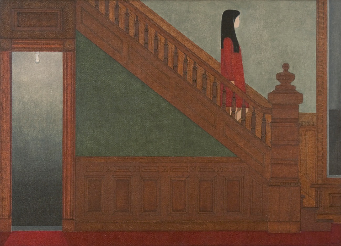 Painting of an interior hallway with a young woman walking down a staircase