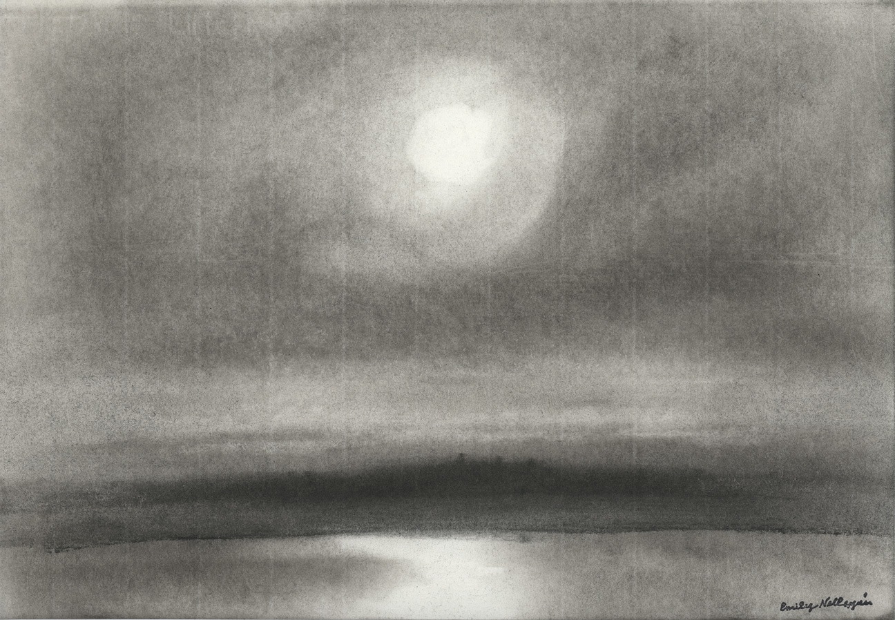 Charcoal landscape drawing of the sky and ocean at dawn or dusk, with the sun or moon reflecting off the water below