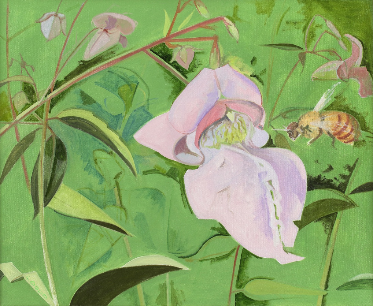 Bee Approaching Touch Me Nots, 2006, oil on linen, 36 x 44 inches
